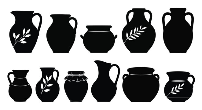 Collection of antique ceramic jugs and pots in dark silhouette