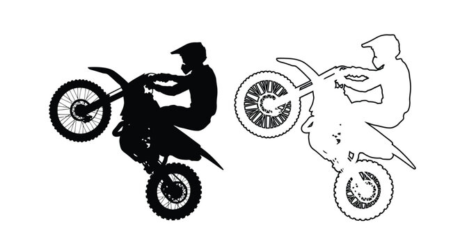 Motorcycle rider performing a wheelie shown in contrasting styles silhouette