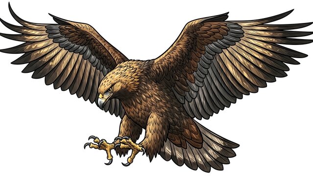 An impressive illustrative depiction of a majestic eagle with expansive wingspan and powerful talons extended, captured in a dynamic flight pose on a clean background