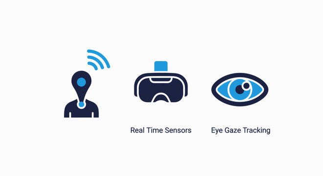 Virtual reality and eye gaze tracking technology icons for real-time devices, immersive experiences, and human-computer interaction concepts