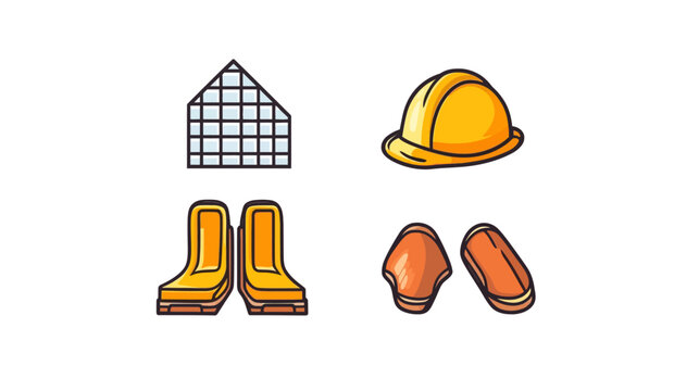 Cartoon style construction worker icons. Featuring a greenhouse, helmet, boots, and knee pads