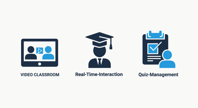 E-learning and data management vector icons: classroom, interactive education, and student data tracking for online platforms