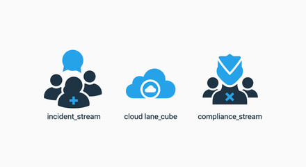 Obraz premium Incident stream management, cloud lane storage infrastructure, and corporate compliance security protocol icons designed for professional business technology and data center operations
