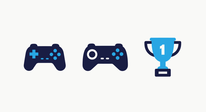 Gaming and esports icons set featuring game controllers and a first place winner trophy for competitive tournament ranking and leisure entertainment software graphic interface designs