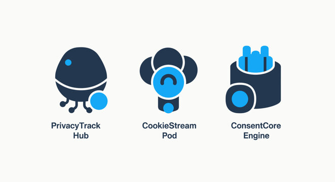 Web privacy track hub and cookie stream pod icons for online data consent and internet tracking management systems featuring consent core engine symbols for website compliance in blue style