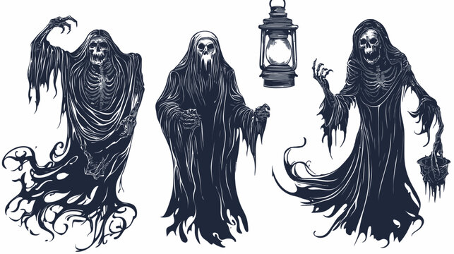 Spooky illustration featuring three cloaked figures with skeletal features, one with a lantern