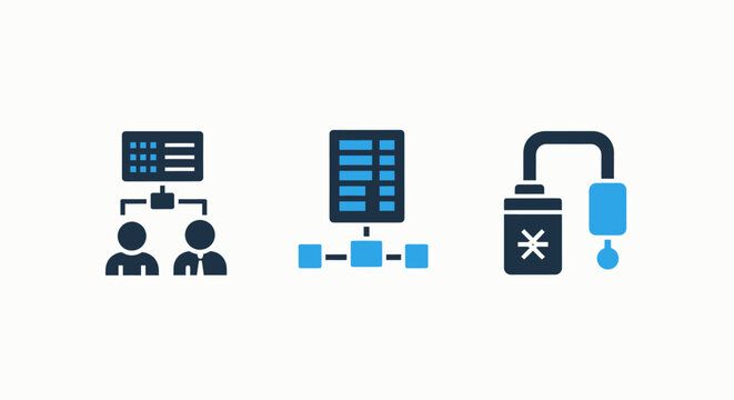 Data hierarchy and processing icon set with information architecture flowcharts and server cooling system symbols for computer science database management and it infrastructure design