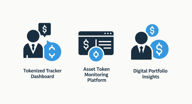 Digital finance and asset token tracking icon set with cryptocurrency portfolio insights and investment monitoring dashboard graphics