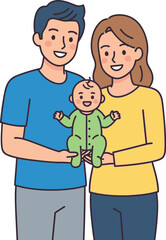 Obraz premium Happy couple holds adorable newborn baby dressed in a cute green romper.