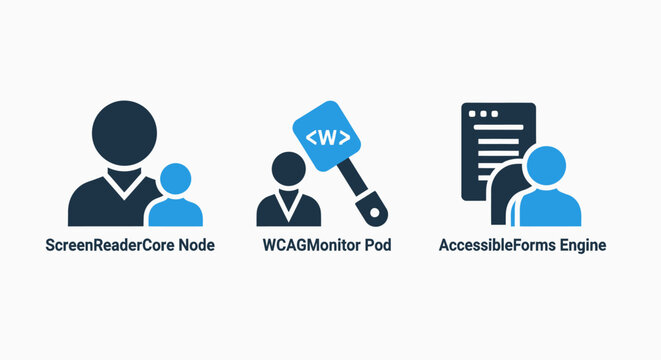 Web accessibility icons for screen reader core nodes and wcag monitoring pods with accessible forms engine symbols for inclusive digital design and online compliance standards