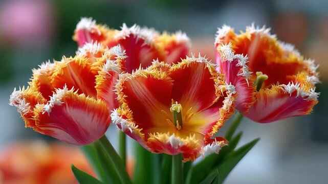 Vibrant Tulips: A captivating close-up of a cluster of vivid, intricately patterned tulips in full bloom. The delicate petals flaunt a kaleidoscope of colors, accented by finely fringed edges.