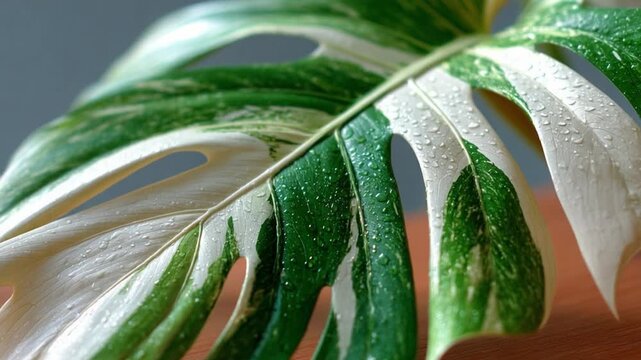 Variegated Monstera Leaf: A captivating close-up of a vibrant variegated Monstera leaf, showcasing its unique patterns of green and white, adorned with delicate water droplets.