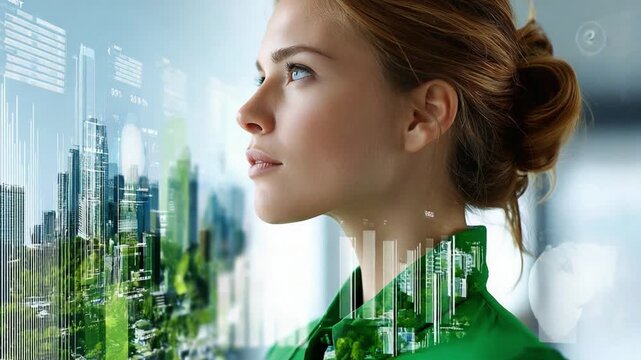 Visionary in Eco-conscious Cityscape: A determined woman gazes out, her focus mirroring the harmonious blend of green initiatives and urban development, symbolizing sustainable goals