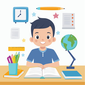 Enfant &eacute;tudiant &agrave; son bureau en illustration &eacute;ducative