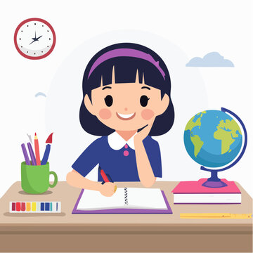 Enfant &eacute;tudiant &agrave; son bureau en illustration &eacute;ducative