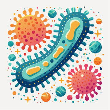 Illustration color&eacute;e de bact&eacute;ries et micro‑organismes stylis&eacute;s