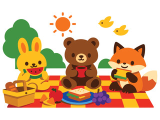 Naklejka premium Cute animals having a summer picnic on a blanket under bright sun.