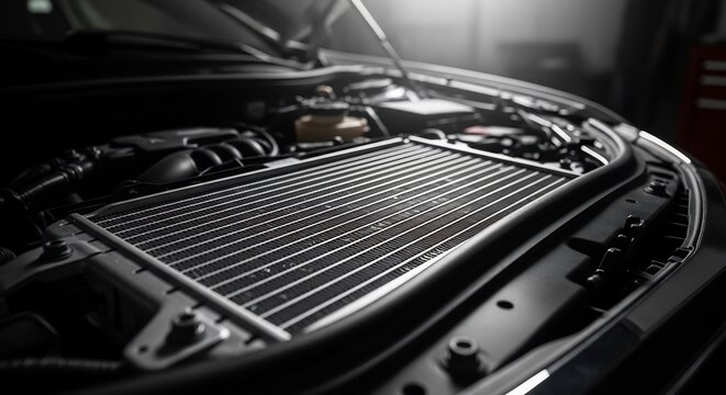Close-up of a car radiator and engine components in a workshop.