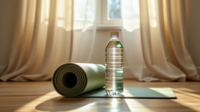 rolled yoga mat bottle water wooden floor front window sheer curtains window open letting natural light illuminates room yoga mat green appears rubber similar material bottle clear plastic has silver