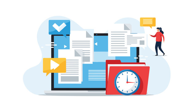 Digital document organization and time management concept featuring papers flying into a laptop and a red file folder with a clock.