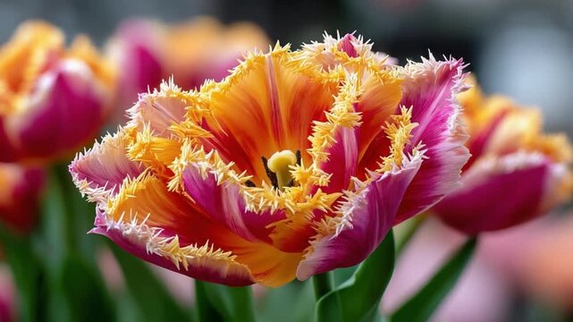 Tulip's Petal Dance: A vibrant, multi-hued tulip blooms in a burst of color, its intricate petals delicately fringed and full of life, creating a dance of nature's artistry.