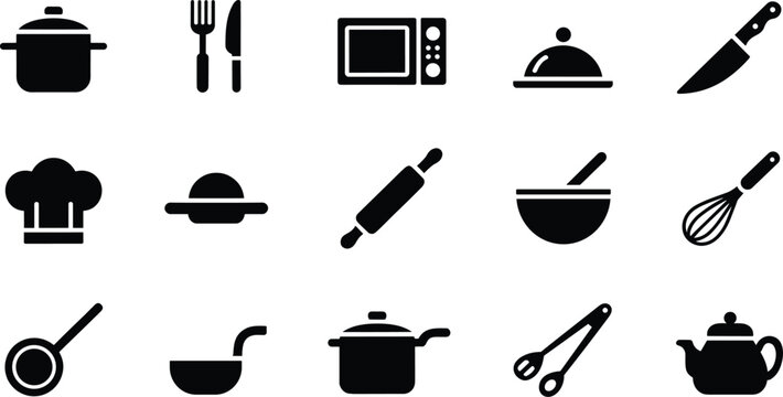 Black silhouette icon set of fourteen kitchen utensils and cooking tools, chef hat, serving tray, pot, pan, whisk vector illustration