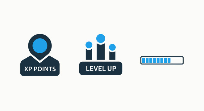 Game icons: xp points, level up indicator, and progress bar for gaming, achievement, and skill progression, experience points