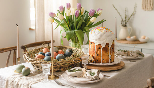 Easter festive table setting with Paska cake and pastel eggs