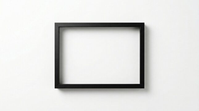 A black rectangular picture frame hangs on a plain white wall indoors.