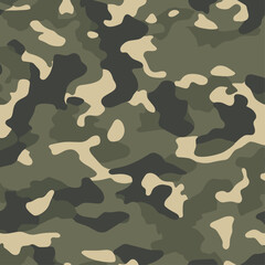 Fototapeta premium Seamless military camouflage vector pattern. Trendy woodland army background for textile fabric apparel hunting gear. Modern tactical olive khaki wallpaper, abstract organic shapes design element.