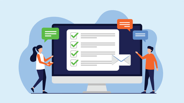 Online survey and customer feedback concept featuring people interacting with a large digital checklist and message bubble icons.