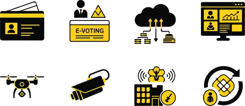 Digital governance and smart city icons, 8 vector elements for e-voting and surveillance, black and yellow technology symbols for data security