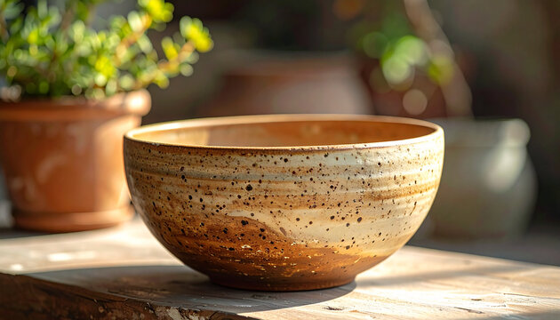 Ceramic bowl on wooden surface with plants in background