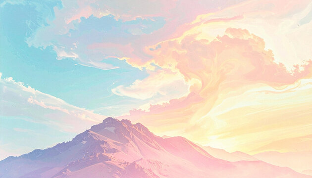 Vibrant mountain scene under a colorful sky with clouds and sunlight