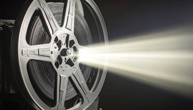 Vintage film projector with light beam on black background cinematic concept