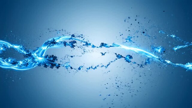 Dynamic Abstract Blue Liquid Flow featuring a glowing DNA-like helix structure with sparkling particles on a gradient background ideal for medical science presentations and futuristic technology.