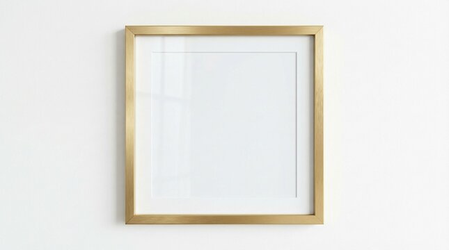 A gold picture frame hangs on a white wall with a blank white interior