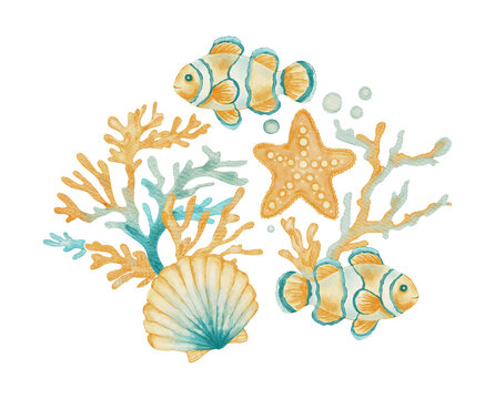 Watercolor Clownfish Starfish Coral Seaweed Marine Sea Ocean Coastal Summer Card Fish Illustration on a Transparent Background