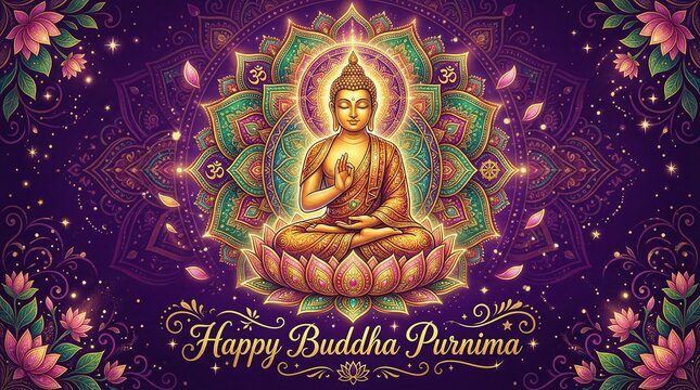 Golden Buddha Meditation Happy Buddha Purnima Festival Digital Art Social Media Poster Banner Design Spiritual Enlightenment Glow