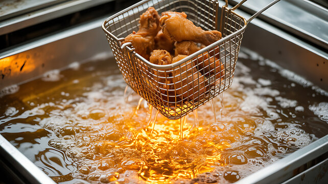 Golden fried chicken wings being lifted from hot oil in a deep fryer basket