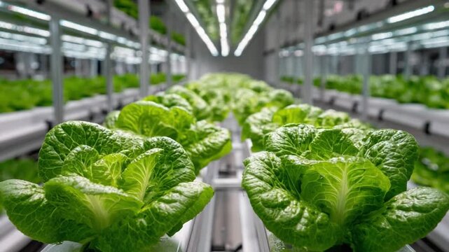 Vertical farm growing lettuce: A modern indoor vertical farm showcases rows of vibrant green lettuce thriving under the glow of artificial lights, highlighting sustainable food production