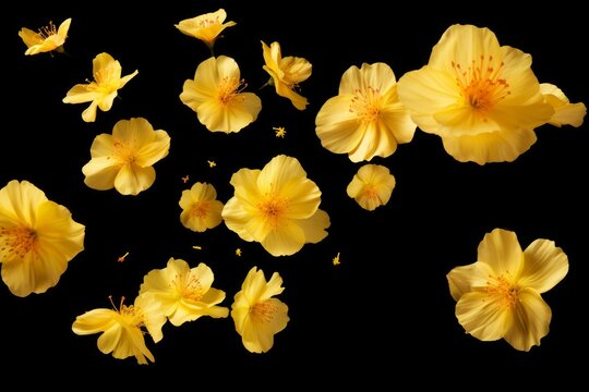 Yellow ochna integerrima blossoms creating a vibrant floral pattern on a dark background