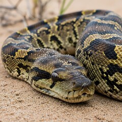 Fototapeta premium Large Snake Resting on Sandy Ground.