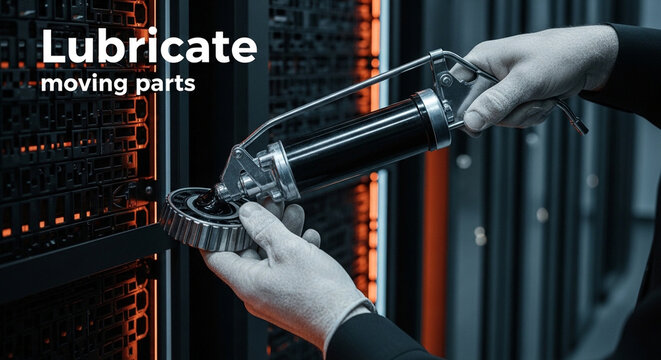 Close-up of hands lubricating industrial gears with a grease gun.