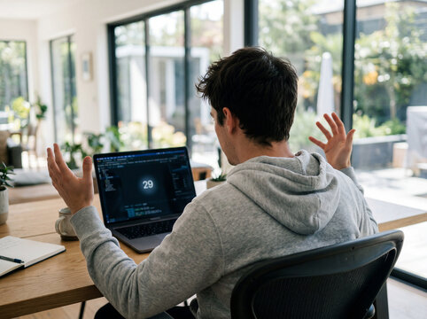 Man frustrated by computer problem on laptop at home.