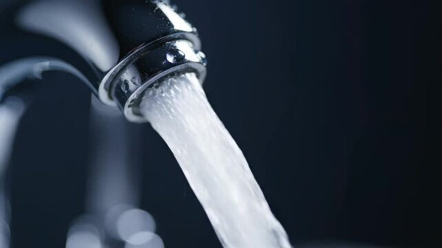 Crystal Clear Water Flowing from a Chrome Faucet in Close-up for Plumbing and Hygiene Concepts.