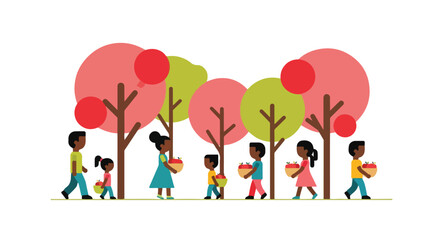 Naklejka premium Happy diverse family and children picking apples in an autumn orchard, enjoying harvest season together. Flat vector illustration.