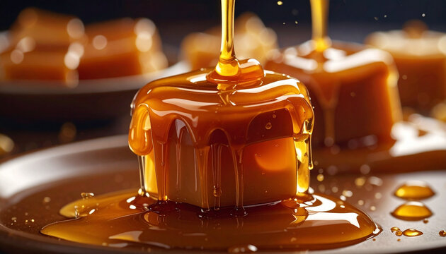 Close up of caramel dessert with syrup studio shot for food photography
