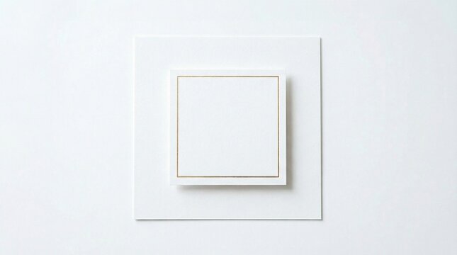 A framed square picture hangs on a plain white wall in a room.