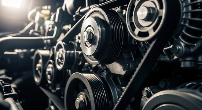 Close-up view of a complex automotive engine belt system with multiple pulleys.